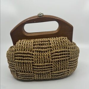 Grant Woven Tan Handbag with Wooden Handle